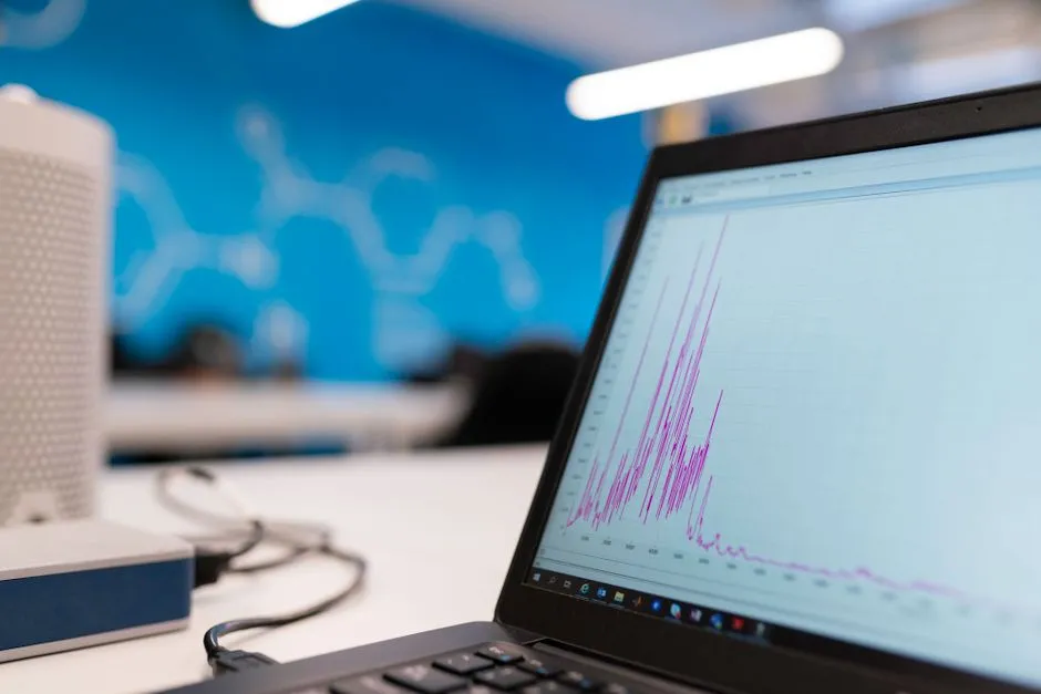 Bar chart data displayed on a laptop screen, illustrative photo