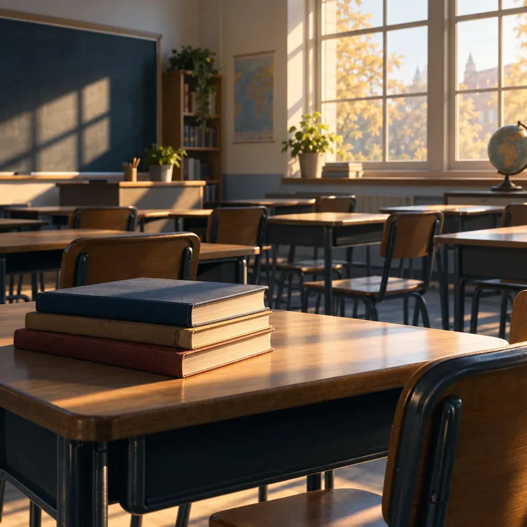 Illustration of an empty sunlit classroom with rows of desks and a stack of textbooks