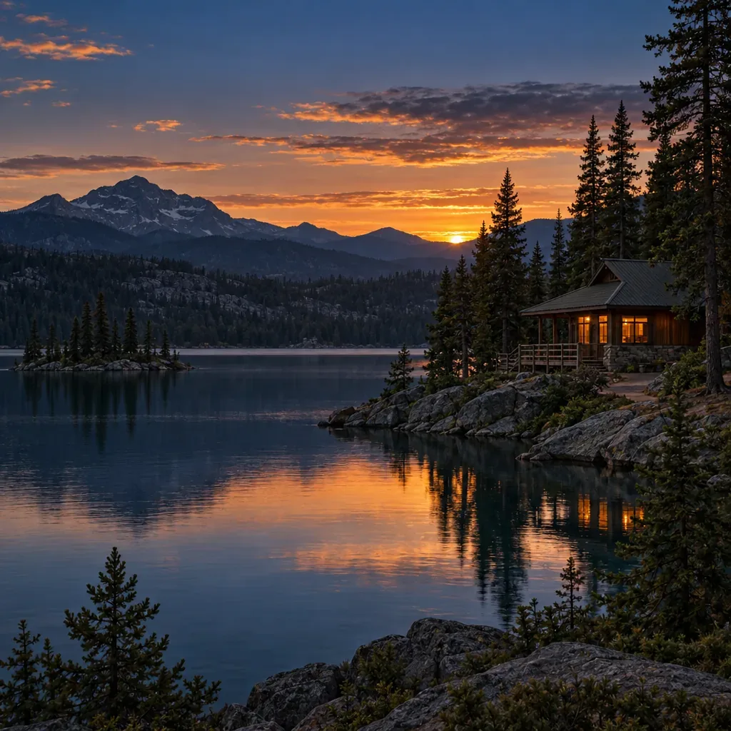 Illustration of a state park lake surrounded by pine trees at dusk