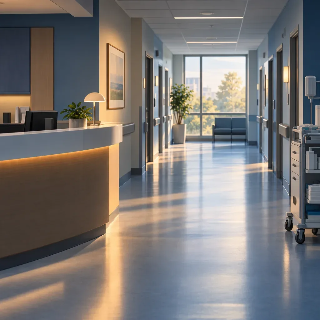 Illustration of a calm hospital corridor with a reception desk and supply cart