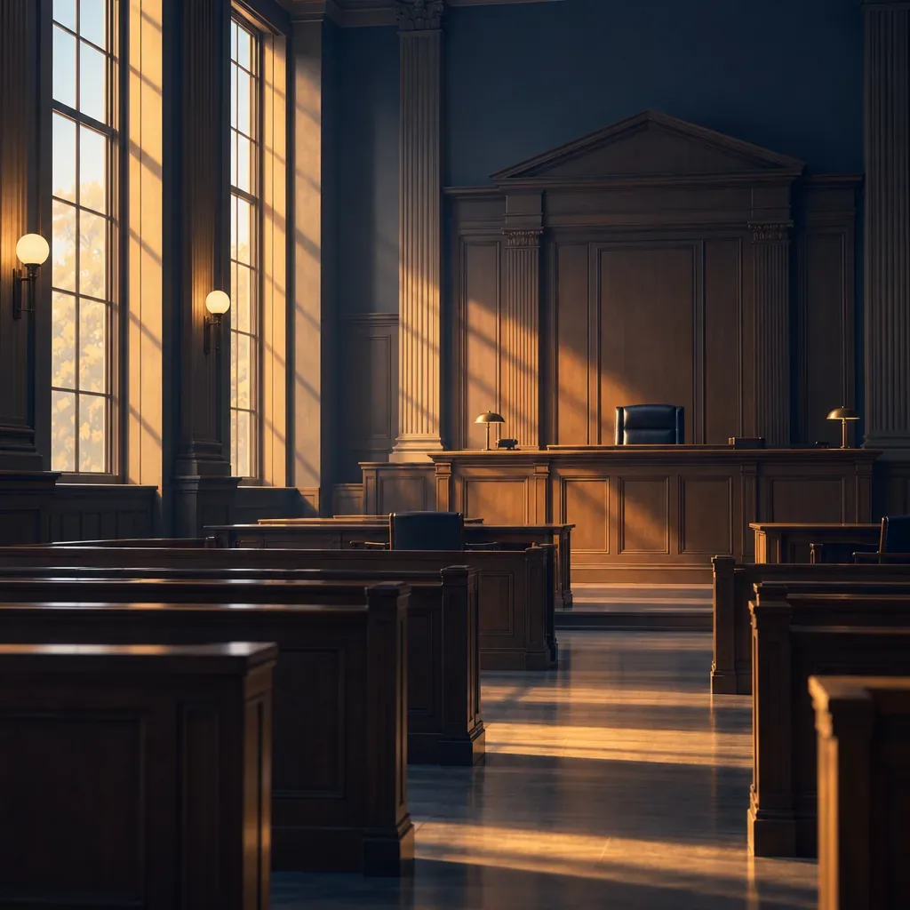 Illustration of an empty courtroom with a bench and tall windows