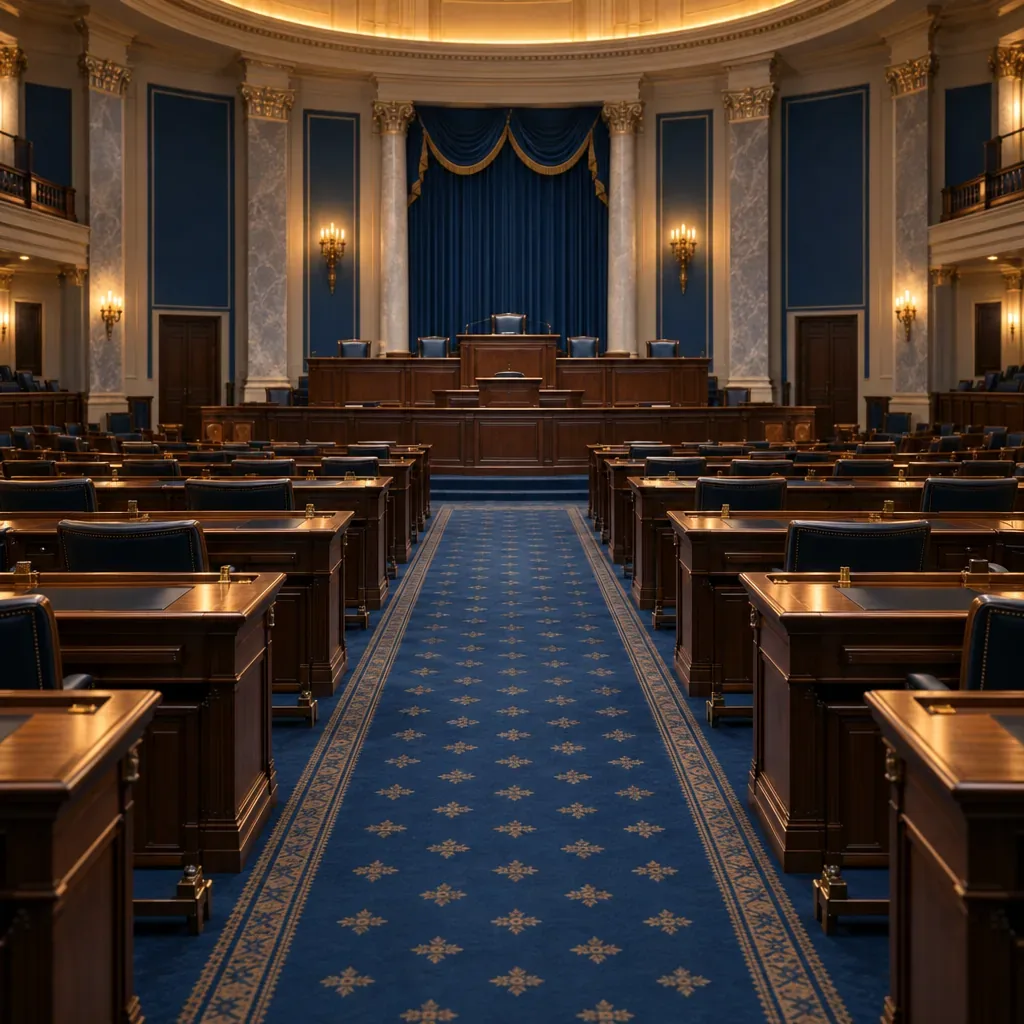 Illustration of an empty legislative chamber with rows of desks and a dais