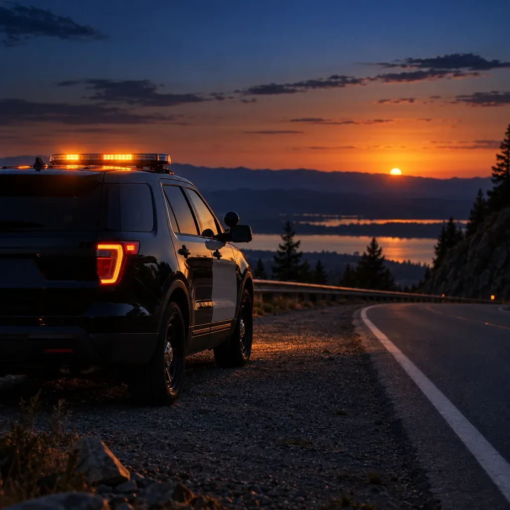 Illustration of a generic patrol vehicle silhouette on a roadside at dusk