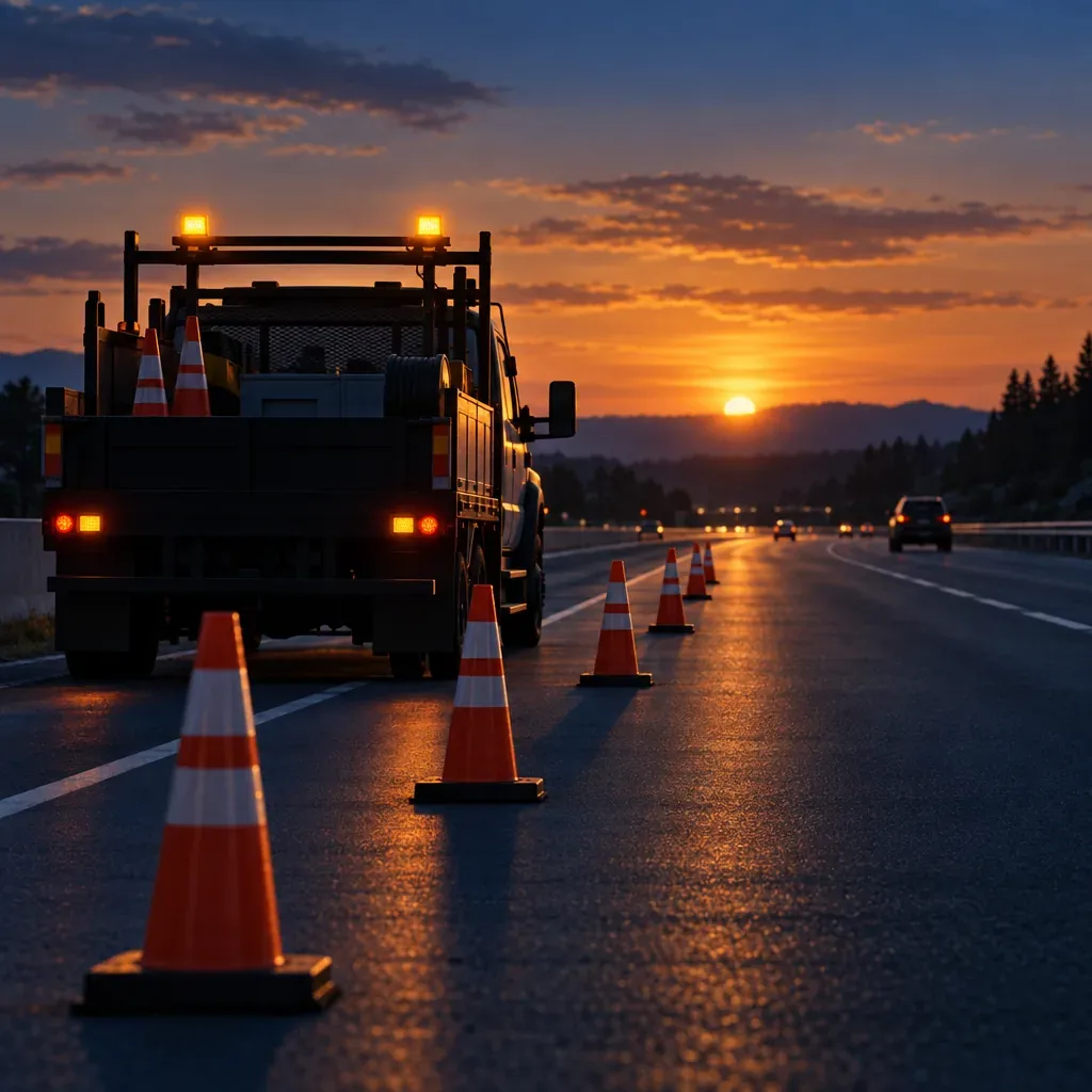 Illustration of a highway maintenance scene with traffic cones at dusk