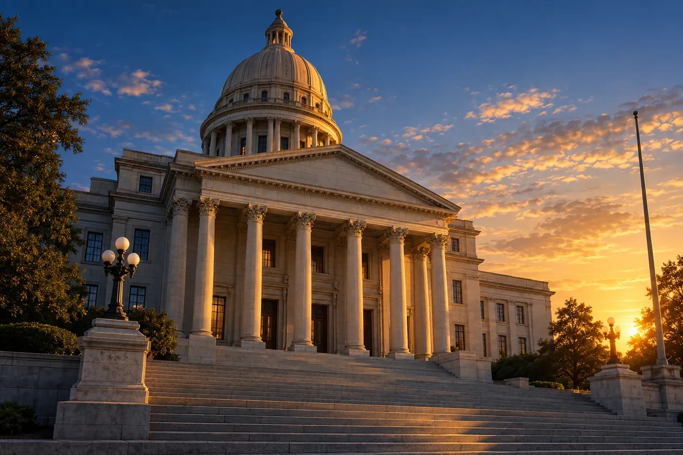 Illustration of a Texas state government building exterior at golden hour